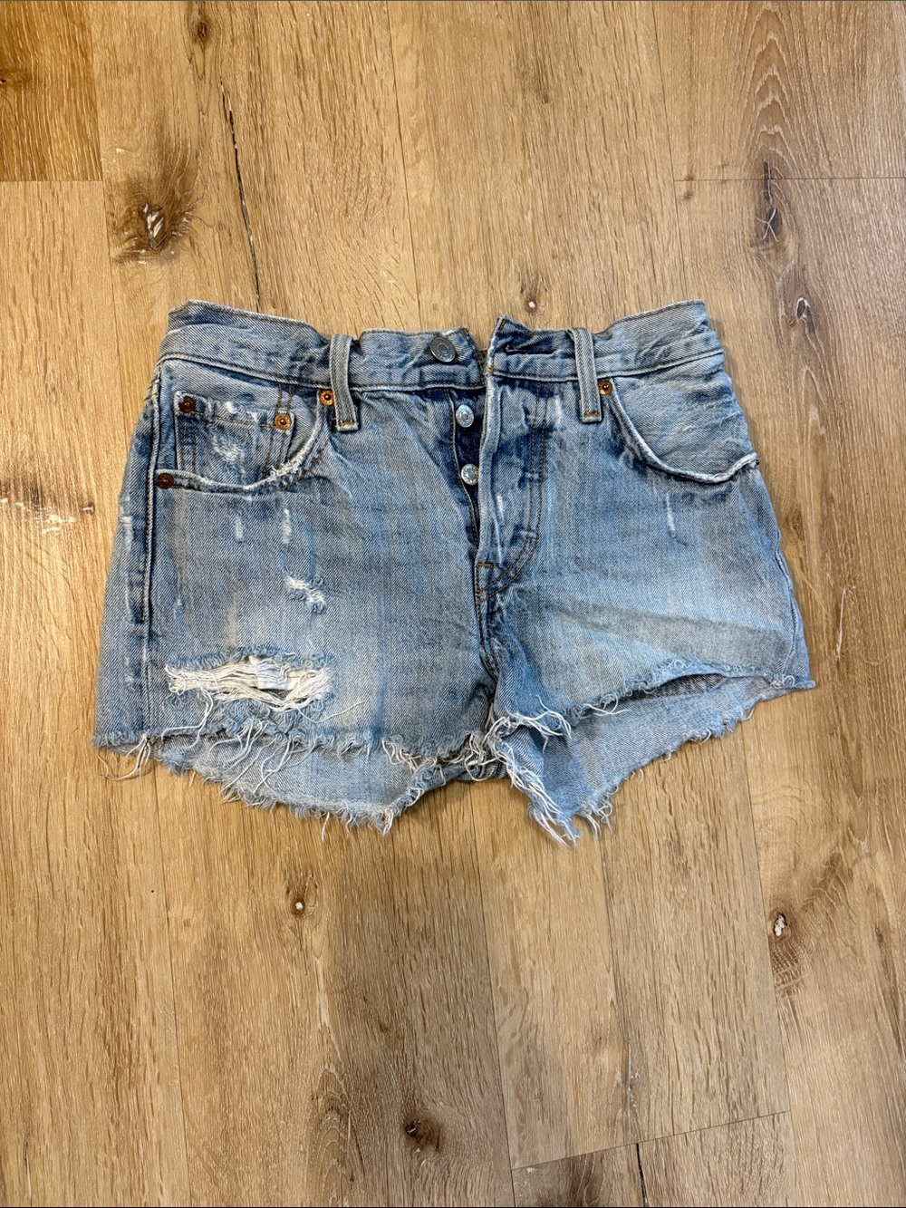 Levi’s Light Blue Distressed Frayed Denim Shorts